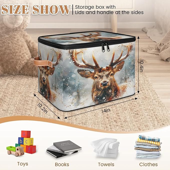 Storage Cubes with Lid Fabric Storage Bins Boxes PU Leather Handles, Elk Moose Wild Animals Closet Organizer Container Foldable Washable Shelf Cloth Basket, Christmas Day