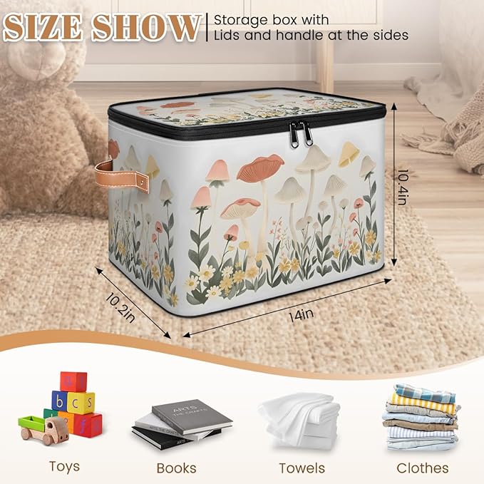 Mushroom Botanical Flower Plants Storage Bins With Lids Fabric Collapsible Storage Box with Leather Handles for Home Bedroom Foldable Closet Shelf Organizer