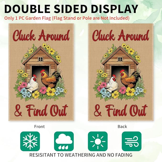Cluck Around & Find Out Garden Flag, Double Sided Farmhouse Chicken Coop Outdoor Decoration Yard Flag Gifts, Welcome to the Farm Flags for Chickens Lover, Funny Chicken Sign