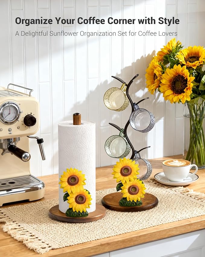 Sunflower Paper Towel Holder - Sunflower Decor for Kitchen Farmhouse Bathroom Counter - Gifts for Women Mom Grandma - 3D Vintage Yellow Stuff Decorative Accessories