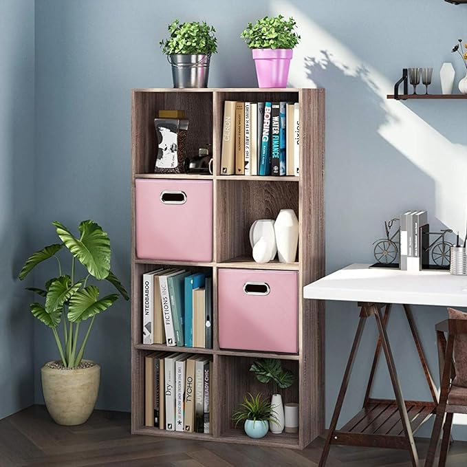 PRANDOM Leather Foldable Cube Storage Bins 13x13 inch [2-Pack] Fabric Storage Baskets Cubes Drawer with Cotton Handles Organizer for Shelves Nursery Closet Bedroom Clothes Pink