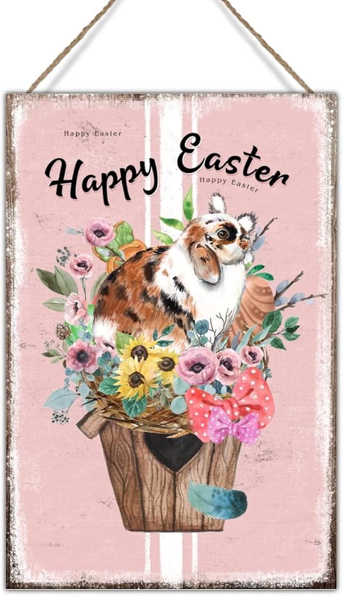 Happy Easter Flower Basket Bunny Wooden Signs French Style Floral Pink Stripes Wood Sign Happy Easter Eggs Bunny Rustic Signs for Home Office Porch 8x12in Easter Gift to Kid
