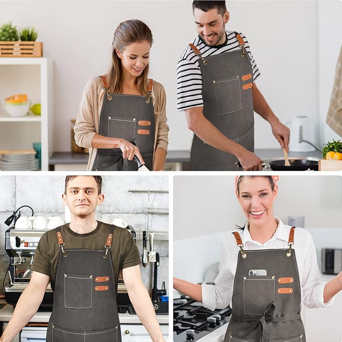 Chef Apron for Men Women Canvas Aprons with 3 Pockets Cross Back Resistant Work Apron for Cooking