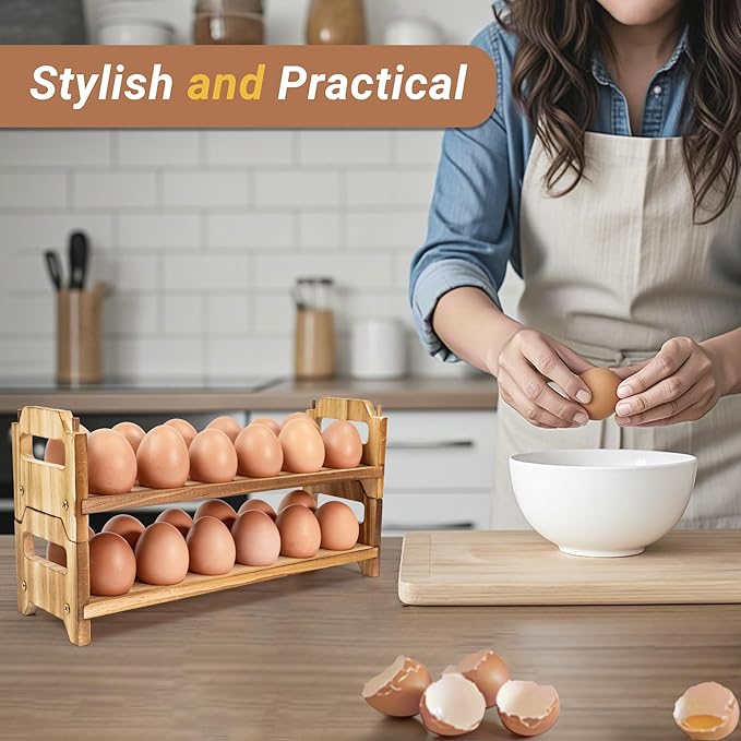 Yuoyar Wooden Fresh Egg Holder Countertop - Stackable egg storage for Gathering Fresh Eggs - 24-Hole Egg Rack for Counter