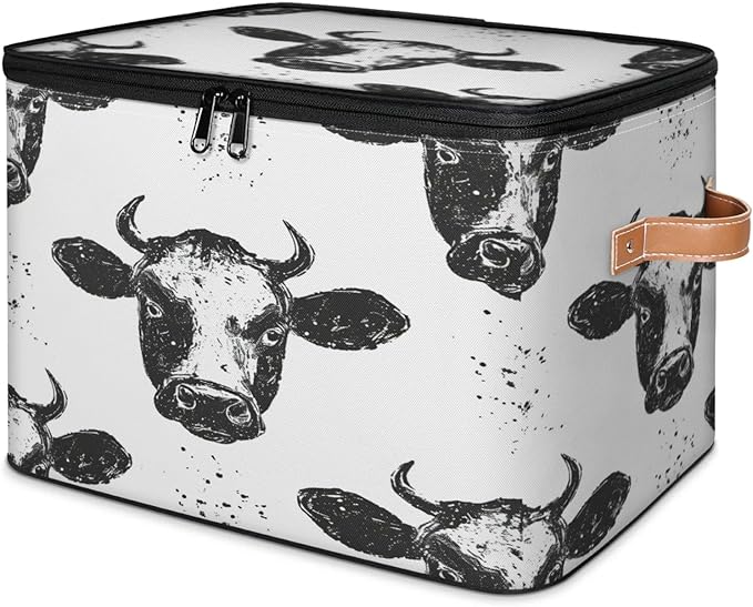 Storage Cubes with Lid Fabric Storage Bins Boxes PU Leather Handles, Farm Cow Closet Organizer Container Foldable Washable Shelf Cloth Basket, Wild Animal Cow