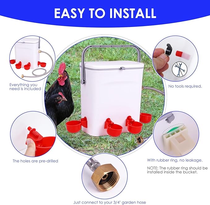 Automatic Chicken Waterer with Float Valve Kit Hose Attachment and 4 Poultry Water Cups, Duck Chicken Water Feeder Poultry Waterer (2 Gallons)