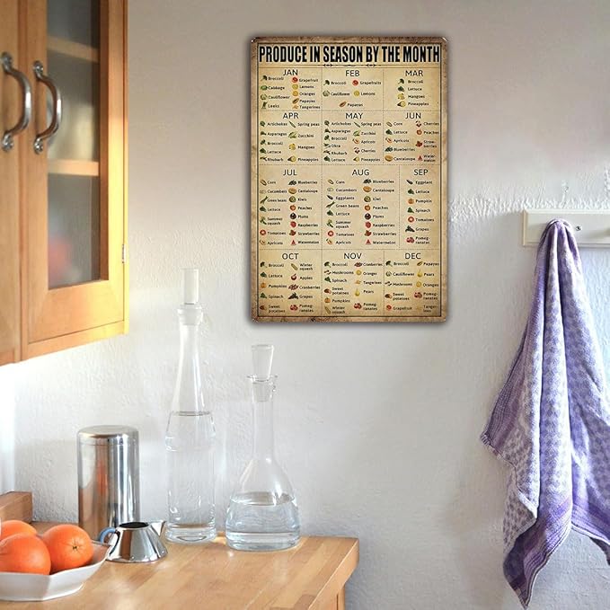 Season Fruit Sign Vegetables Knowledge Metal Tin Signs Vintage Plant Vegetables Chart Posters Produce In Season By The Month Sign Food Art Poster School Kitchen Pantry Wall Decor 8x12 Inch
