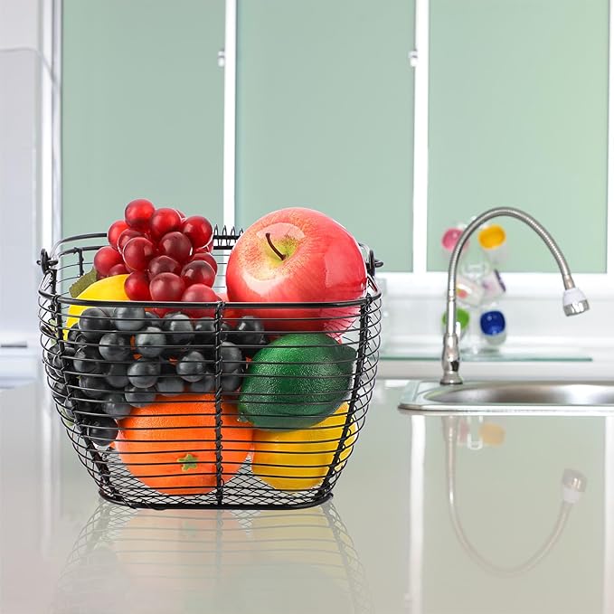 2 PCS 7" Black Square Wire Egg Baskets for Fresh Egg With Handle, Small Metal Collecting Basket for Gathering Fresh Eggs, Chicken and Duck Eggs Hunting Basket Egg Holder Countertop