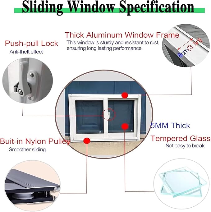 White Household Chicken Coops Bathroom Barn Window, 50x23in / 127x58cm Venting Slide Window, Removable Sliding Window with Screen Window, Little Aluminum Frame Replacement Window