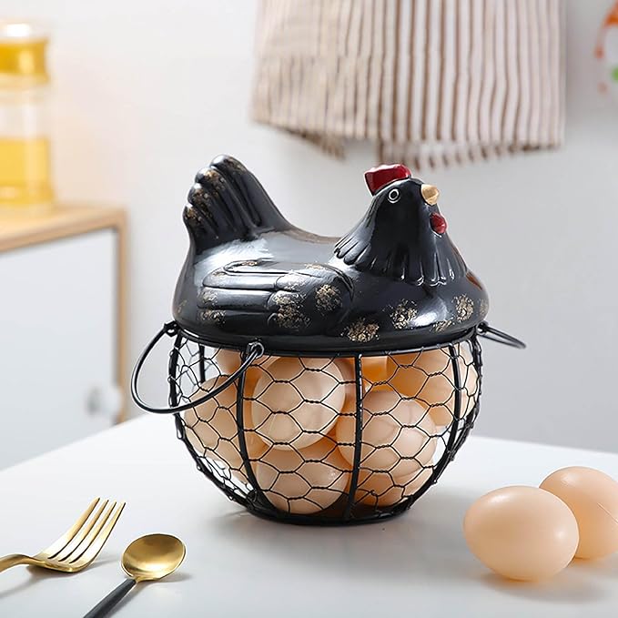 Egg Storage Organizer for Kitchen Countertop, Ceramic Chicken Lid with Wire Basket Dispenser, Black Chicken Egg Holder for Fresh Eggs, Rustics Egg Dispenser Rack for Farmhouse Decor (Black)