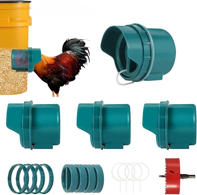 Chicken Feeder No Waste, 4 Ports Automatic Poultry Feeder with Covers & Hole Saw, Rain Proof Chicken Feeder Port for Buckets, Bins & Barrels