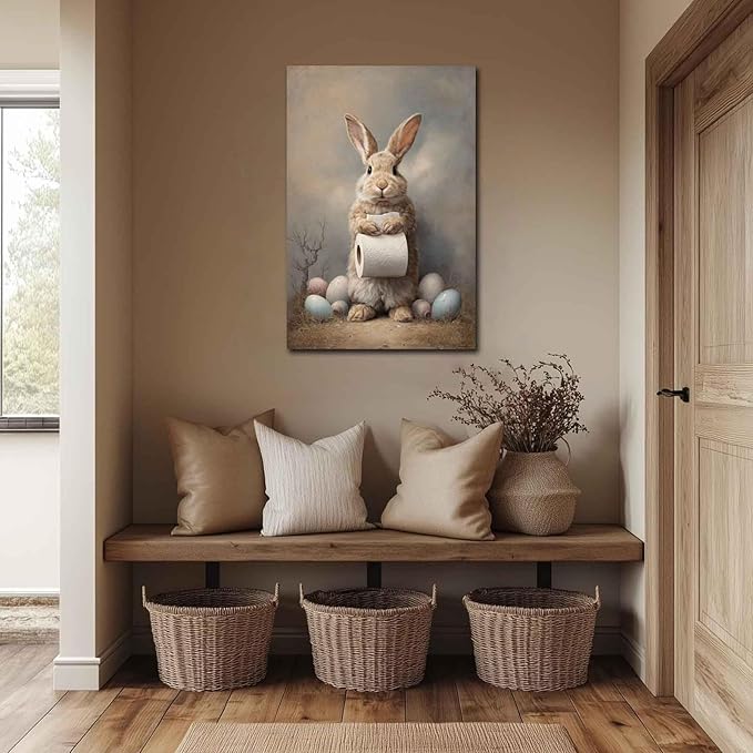 MNFGMH Easter Canvas Wall Art Bunny Bathroom Picture Wall Decoration Modern Spring Rabbit Poster Home Painting Gift Wooden Frame 20x30 inch