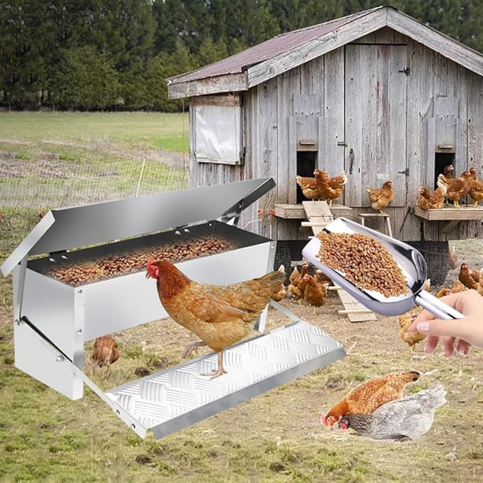 Automatic Chicken Feeder 5L Treadle Galvanized Steel Poultry Feeders Self-Opening Automatic Food, with Weatherproof Lid Rain Cover for Roosters Pheasant Chicken Outdoor Coop