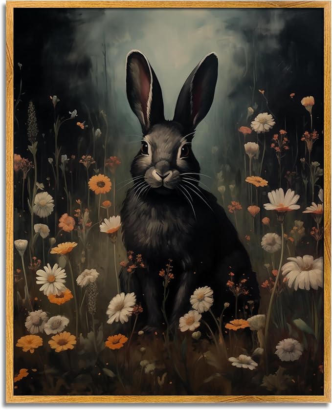 Dark Academia Prints Gothic Bunny Pictures Moody Animal Posters Victorian Rabbit Prints Vintage Rabbit Canvas Dark Animal Artwork Black Bunny and Wildflower Poster Moody Flower Picture 8x10in Framed