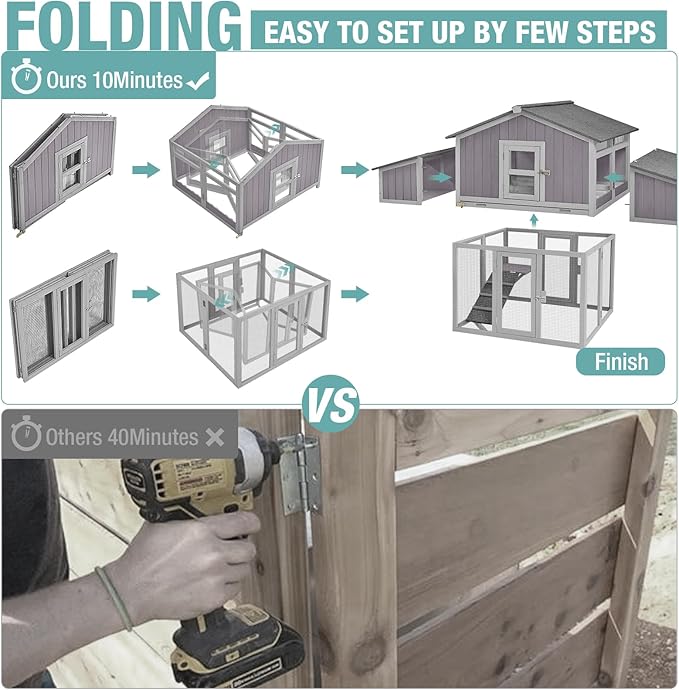 Chicken Coop Outdoor Super Easy to Assemble Large Hen House Wooden Poultry Cage with Nesting Box and Run (Grey)