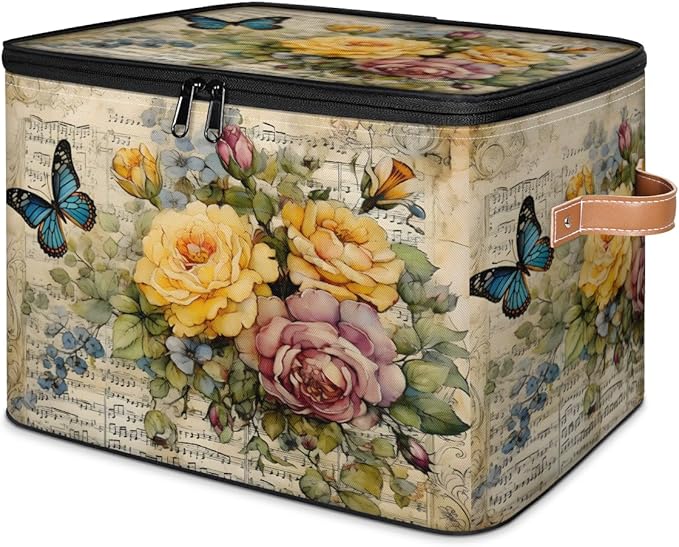 Retro Flowers Storage Bins with Lids, Watercolor Butterfly Fabric Storage Boxes with Zipper, Collapsible Decorative Closet Organizer Cube for Clothes, Organizing, Shelves