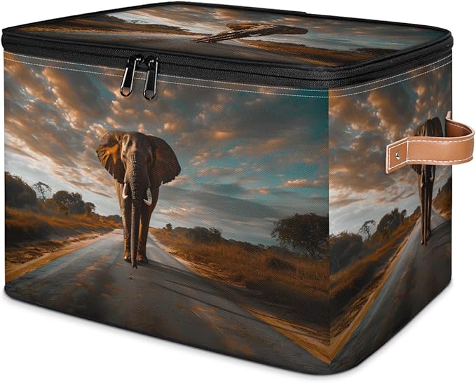 Elephants Storage Bins With Lids Fabric Collapsible Storage Box with Leather Handles for Home Bedroom Foldable Closet Shelf Organizer