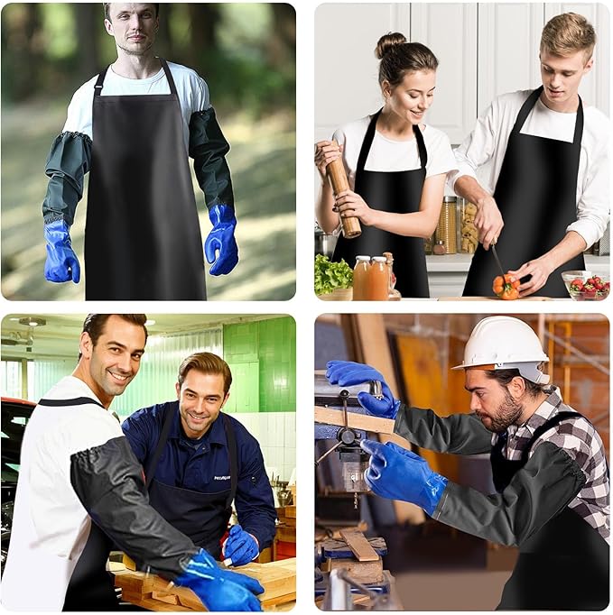 2 Pack Waterproof Rubber Vinyl Apron 40 Inch with 1 Pair Chemical Resistant Rubber Gloves(22 Inch),Heavy Duty Adjustable Dishwasher Apron,Work Aprons for Dishwashing, Cooking, Butcher, Lab, Gardening