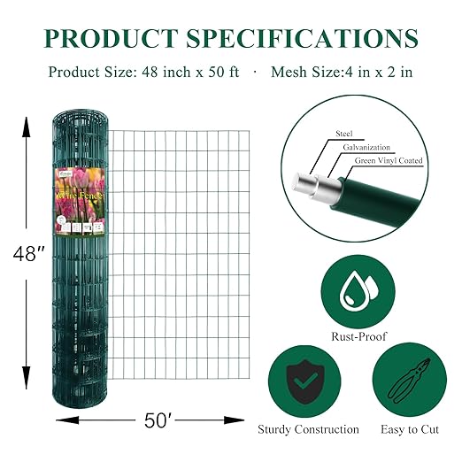 Green PVC Coated Welded Wire Fence 48 Inch x 50 Foot, 2 Inch x 4 Inch 14GA, Garden Border Fencing Roll Vinyl Coating Metal Wire Mesh Hardware Cloth for Yard Vegetable Plant Protection