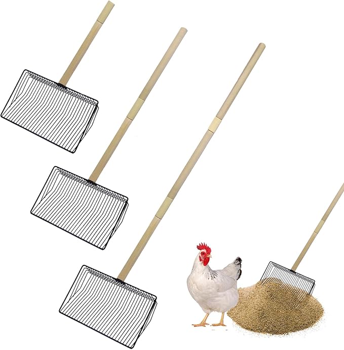Chicken Poop Scooper - 3 in 1 Chicken Coop Litter Scoop with (20 to 42" Long) Wooden Handle, Stainless Steel Chicken Coop Cleaning Tool for Chicken Coop Accessories