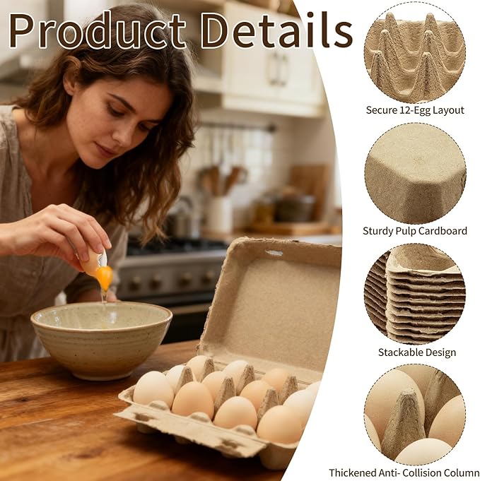 Cheardia 30 Pack Dozen Egg Cartons Tray, 12 Count Natural Paper Chicken Egg Holder, Reusable Vintage Pulp Cardboard Eggs Containers for Farm Family Market Storing Refrigerator