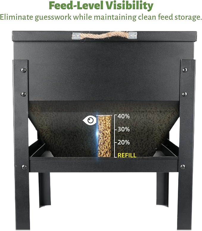 KOL 80LBs Chicken Feeder No-Waste, Galvanized Steel Large Capacity Chicken Feeder, Portable Poultry Feeder with Waterproof Lid for Hens and Roosters, Coops & Outdoors