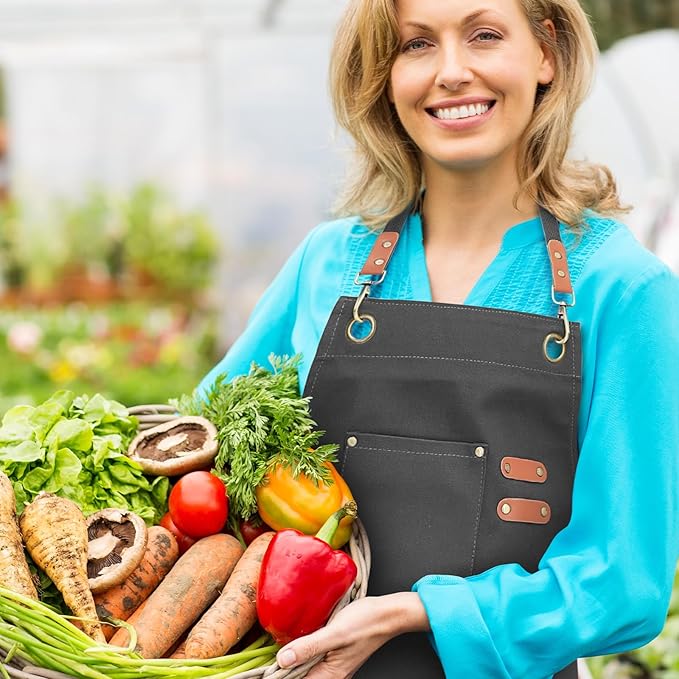 Unisex Aprons with Large Pockets,Cotton Canvas Cross Back Heavy Duty Adjustable Work Apron,Size Kids to Adult