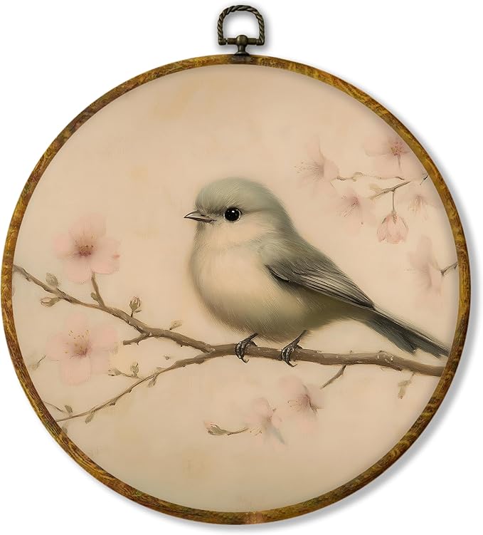 Hiuwevt Vintage Bird Round Wall Art Decor, Retro Rustic Bird Framed Canvas Prints, Farmhouse Cottagecore Floral Round Wall Hanging Decor for Home Bedroom Living Room Decorations, 10x10 Inches