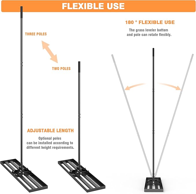 GAW Black Lawn Leveling Rake, 40" x 10" 7.2ft Handle Heavy Duty Ground Plate Rake for Lawns, Effort Saving Lawn Leveler Tool, Levelawn Tool for Yard, Backyard, Garden, Golf Couse, Farm, Pasture