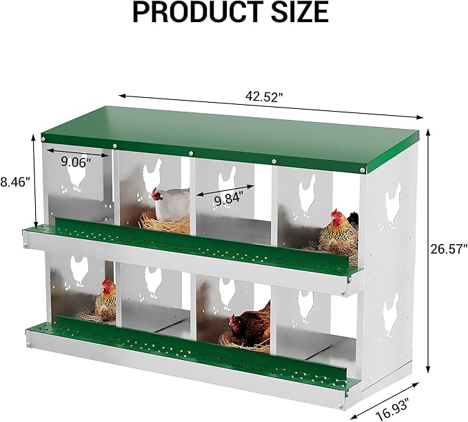 8 Hole Chicken Nesting Box, Galvanized Steel Nesting Boxes with Vented Design, Laying Nesting Boxes for Hens, Wall Mount, Green