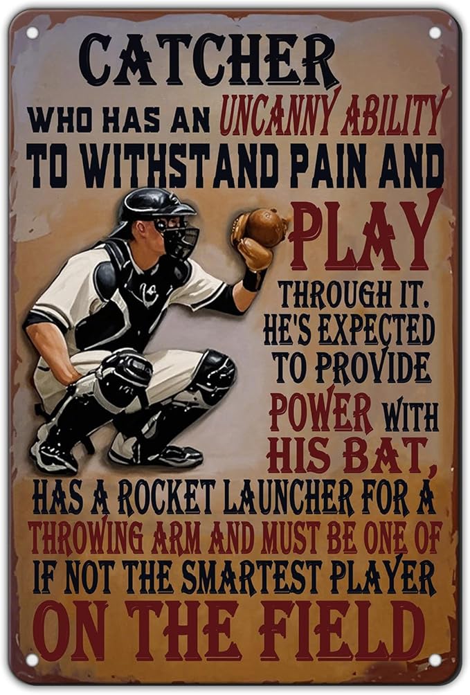 Baseball Catcher Metal Tin Sign Baseball Catcher Funny Sign Home Kitchen Wall Decor 8x12 Inch Funny Plaque