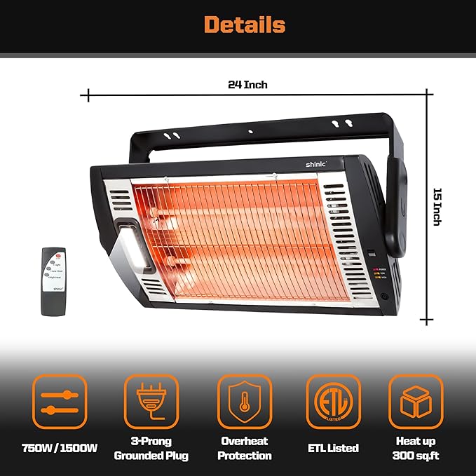 Shinic Electric Garage Heaters with Remote Control, 1500W/750W Ceiling Mounted Radiant Quartz Heater with Work Light, 90° Rotation, 5 Mode Settings, Electric Heater for Garage, Shop, Patio Large Room