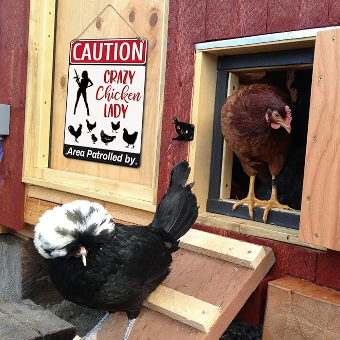 YOYI ART Funny Chicken Coop Sign - Area Patrolled by Crazy Chicken Lady, Metal Vintage Caution Sign for Farm Fence Decor, 8 x 12 inch