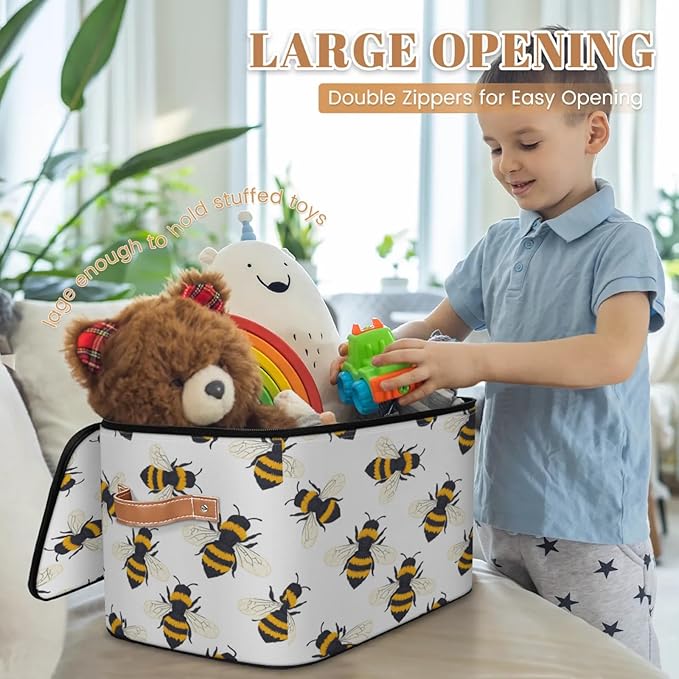 Storage Cubes with Lid Fabric Storage Bins Boxes PU Leather Handles, Cute Bee Closet Organizer Container Foldable Washable Shelf Cloth Basket, Honey Bee