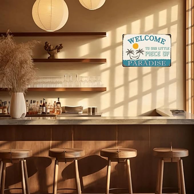 Vintage Metal Sign Welcome To Our Little Piece of Paradise Tin Sign Funny Walll Decor for Bar Kitchen Pubs Cafe Home Garage 12×8 Inch
