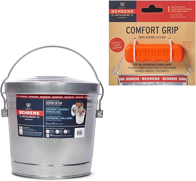 Behrens 6 Gallon Galvanized Steel Storage Can or Waste Bin w/Locking Lid & Handle (1 can, 1 Orange Grip)