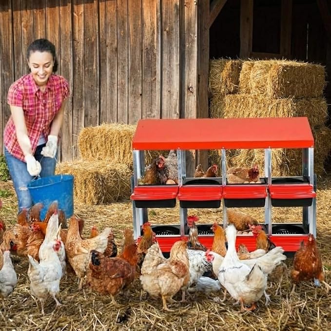 GarveeLife 8 Holes Nesting Boxes for Chickens, Chicken Nesting Boxes with Legs, Chicken Laying Box with Lid Cover, for Outdoor Chicken Coop Farm Yard, Red