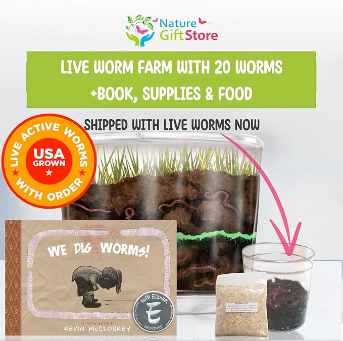 Worm Farm for Kids Shipped with Live Worms, Food & Book - Worm Farm Kit with Ecosystem, Soil, Mixing Sand, Magnifying Glass & More