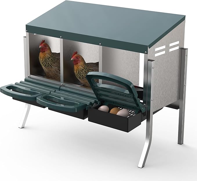 Chicken Nesting Box 3 Hole, Galvanized Steel Nest with Roll Away Egg Collection & Swing Perch, Easy-Clean Laying Box for Hens, Heavy Duty Design for Chicken Coop