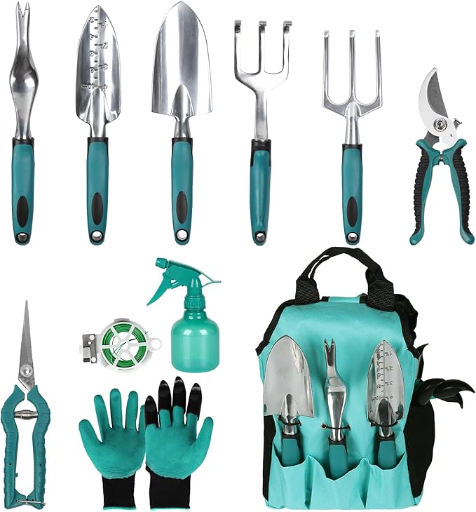 Garden Tools, Gardening Tool Set with Non-Slip Handles, Lightweight Aluminum Alloy Rust-Proof Gardening Hand Tools with Gloves Ideal Gardening Tools Gifts for Women and Men (11 Pcs)