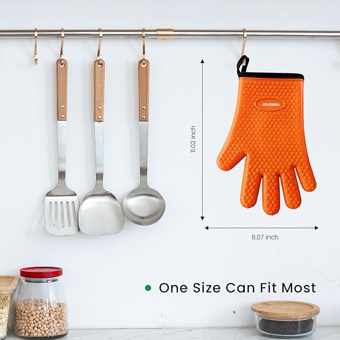Silicone BBQ Cooking Gloves with Meat Smoker Guide，Heat Resistant Oven Mitts with Fingers，Long Protective Cotton Lined Barbecue Grilling Gloves 1 Pair for Kitchen, Cooking, and Baking Gifts (Orange)