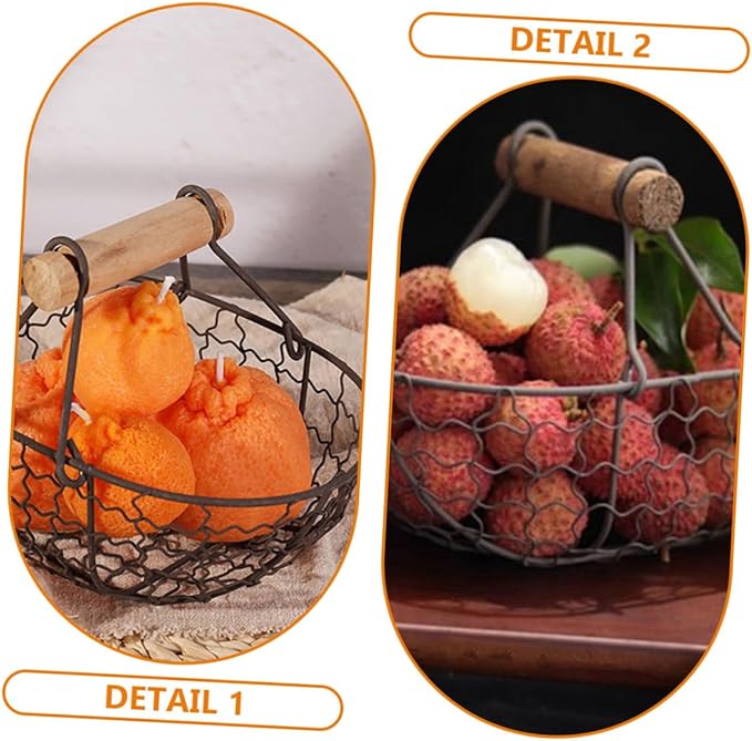 2pcs Iron Fruit Basket with Wooden Handles, Vintage Farmhouse Style Egg and Snack Storage Baskets, Small Gray-black Metal Kitchen Pantry Organizer