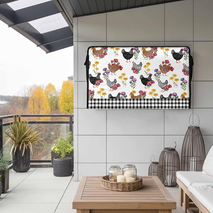 Waterproof Outdoor TV Cover 70 to 75 Inch, Farm Chicken Flower Outside Flat Screen Televisions Weatherproof Cover Size 68"L x 42"H, White Black Plaid TV Protector With Zipper