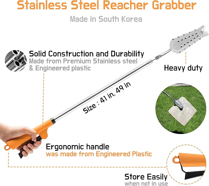 FTH Premium Stainless Steel Grabber Reacher Pickup Tool Heavy Duty Trash Picker Log BBQ Fireplace pits Snake Tongs (41 inch)