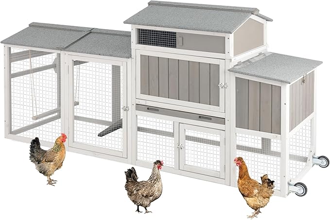 Chicken Coop Mobile Wooden Hen House with Nesting Box,83.2" L Outdoor Chicken House with 2 Wheels and Removable Tray,Fir Wood Chicken Tractor with 6 Ventilation Door and 1 Ramp,Grey