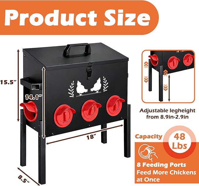 Large Capacity Automatic Chicken Feeder, 8 Port Chicken Feeder, 48LB Metal Chicken Feeders with Locking Lid & Adjustable Legs, No Waste Chicken Feeder, Black
