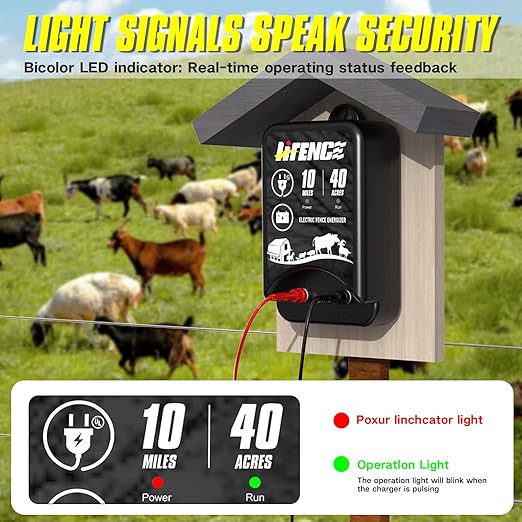 AC/DC 2 in 1 Power Supply, Electric Fence Energizer Kit for 10 Mile Preventing Wild Animal Intrusion, 40 Acre Coverage, 12V Input, 12KV 2 Joule Output, Electric Fence Charger for Livestock