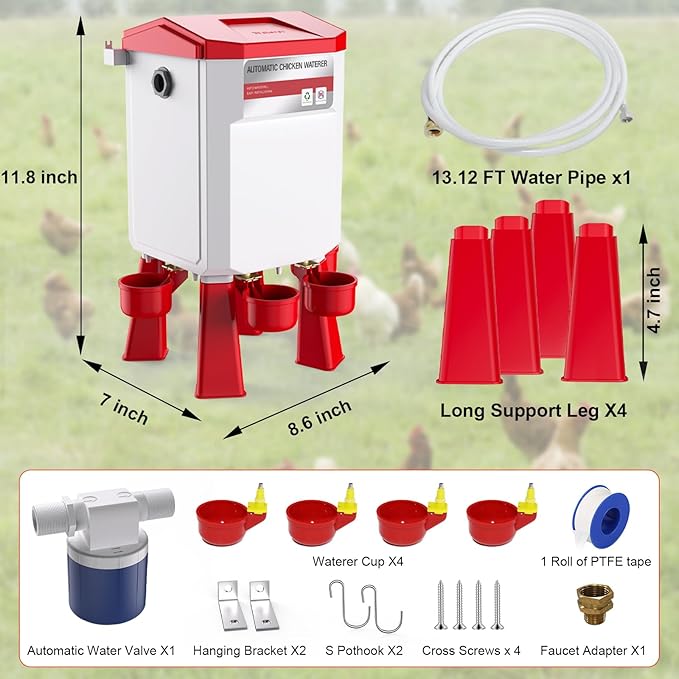 Automatic Chicken Waterer 2 Gallons, Float-Controlled Chicken Water Feeder with 4 Water Cups, 158.4-Inch Hose with 3/4'' and 1/2'' Ends, Large Poultry Waterer for Chick Quail Duck Turkey, Red