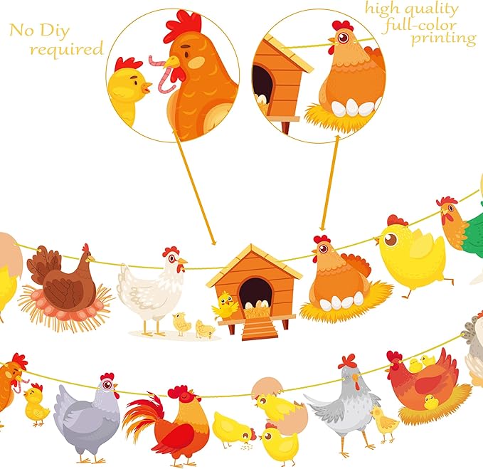 Chicken Party Banners Chicken Birthday Decorations 2PCS Farm Chicken Theme Party Supplies Chick Hen Cutout Banners for Farm Rooster Animals Baby Shower Supplies