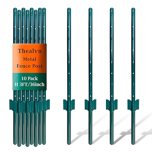 Fence Posts 3 Feet, Pack of 10, Metal Fence Poles U Post Sturdy Duty Fence Stakes Step in Post No Dig Fence Post for Garden Wire Fence Steel Sign Post (Fits to 2-ft Fence Mesh)